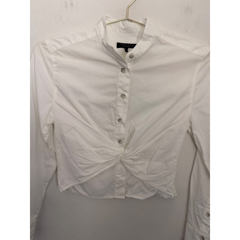 Rag & Bone Rita White Cotton Twist Front Cropped Band Collar Clean Girl Shirt 00